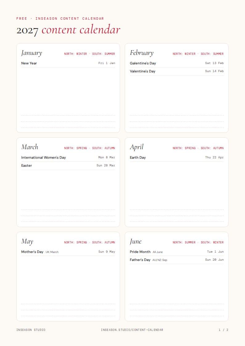 The first page of the printable 2027 content calendar