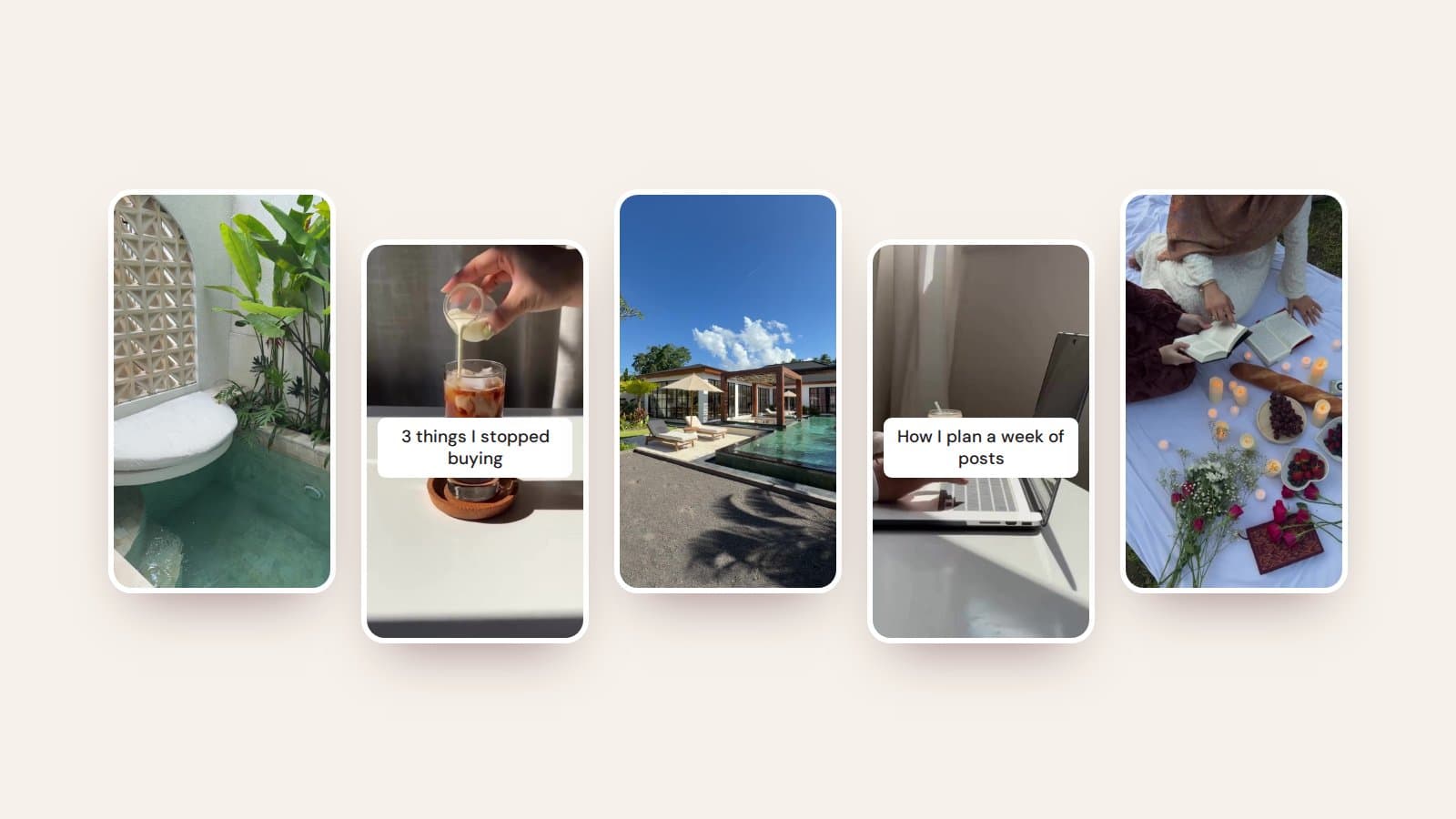 Five vertical B-roll clips as Instagram Reels: a plunge pool, an iced coffee pour with the text '3 things I stopped buying', a villa, a laptop with 'How I plan a week of posts' and a candlelit picnic