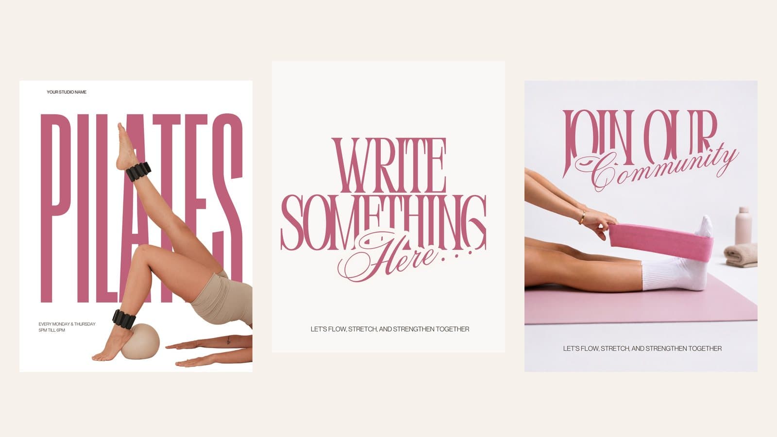 Three Instagram post templates side by side in the same dusty pink and white palette: a pilates class poster, a quote post and a community post